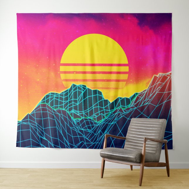 80s Vaporwave landscape with neon mountains Tapestry (In Situ (Horizontal))