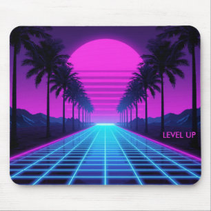 80s Vaporwave Neon Grid Desk Mat with Palm Trees Mouse Mat