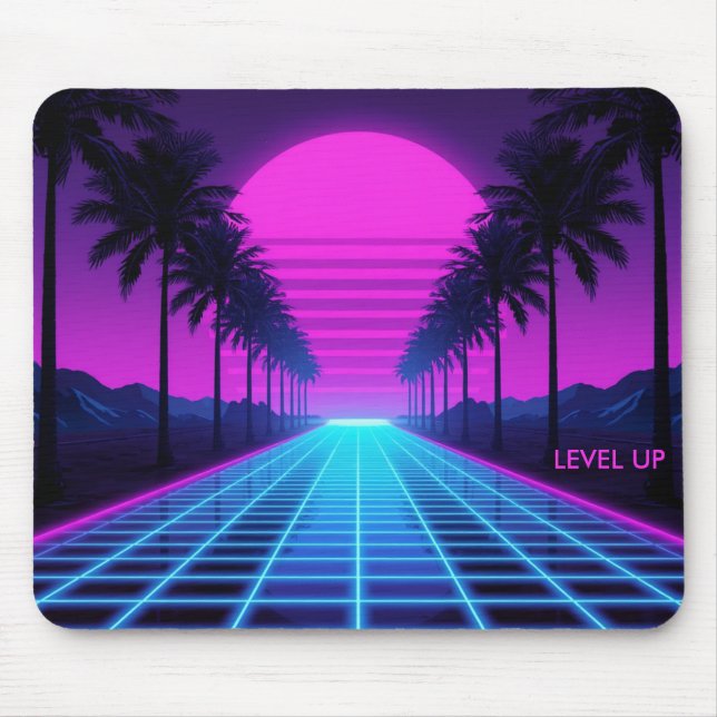 80s Vaporwave Neon Grid Desk Mat with Palm Trees Mouse Mat (Front)