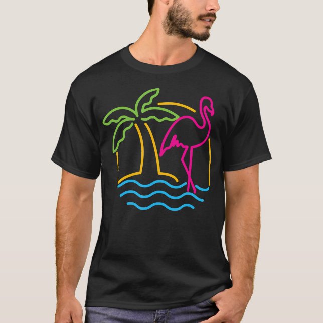 80S Vintage Miami Retro Neon Pink Flamingo  T-Shirt (Front)