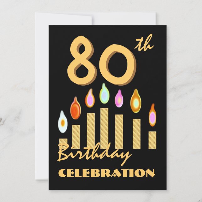 80th - 89th Birthday Party Invitation Gold Candles (Front)
