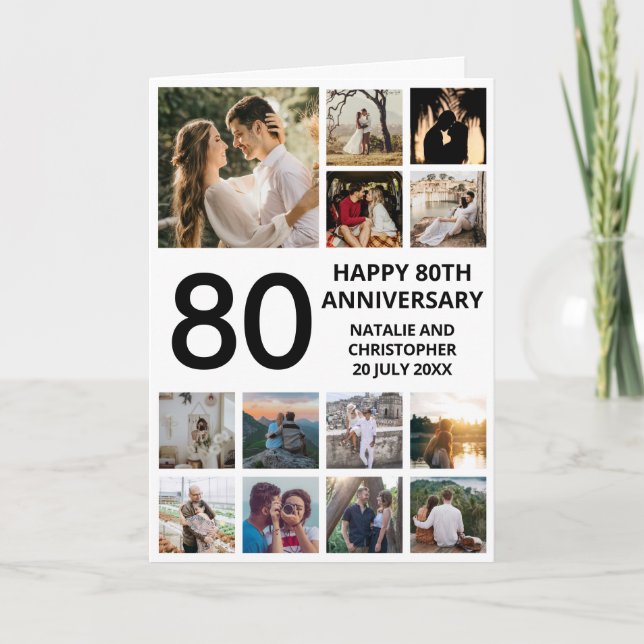 80th Anniversary 13 Photo Collage Black and White Card (Front)