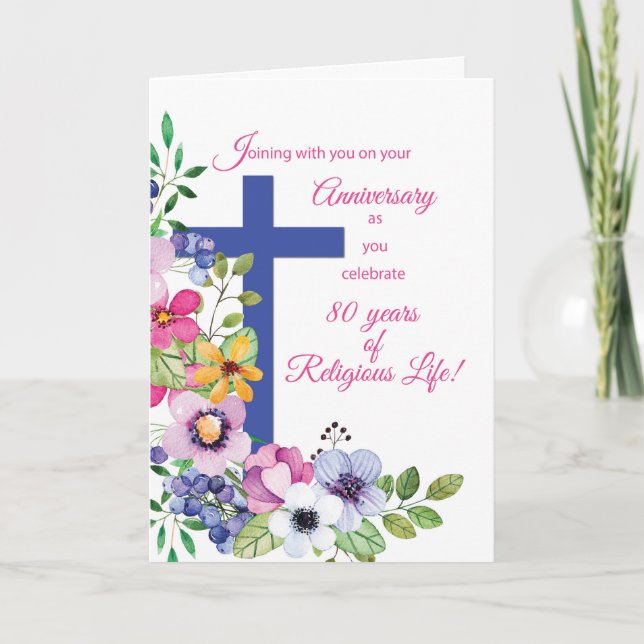 80th Anniversary Nun Religious Life Cross Flowers Card (Front)