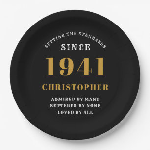 80th Birthday 1941 Black Gold Love Personalised Paper Plate