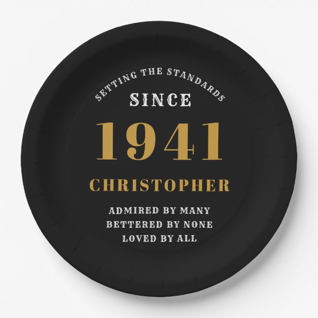 80th Birthday 1941 Black Gold Love Personalised Paper Plate (Front)