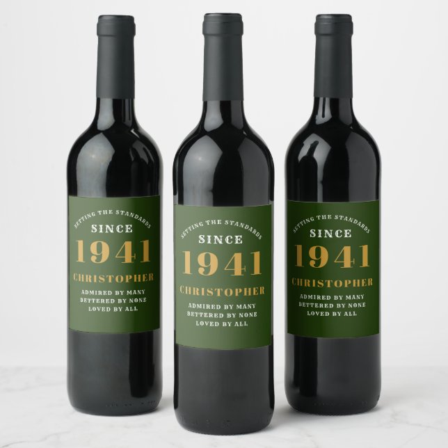 80th Birthday 1941 Black Green Retro Personalised Wine Label (Bottles)