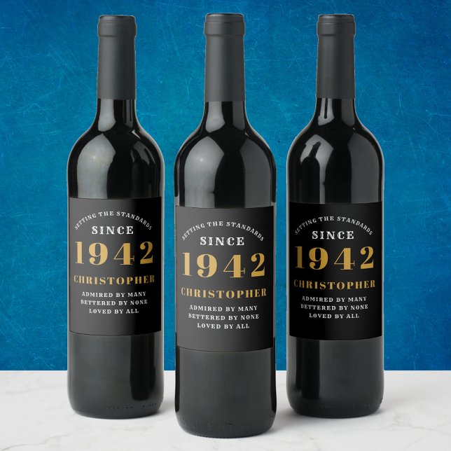 80th Birthday 1942 Black Gold Retro Personalised Wine Label (Creator Uploaded)