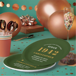 80th Birthday 1942 Green Gold Love Personalised Paper Plate
