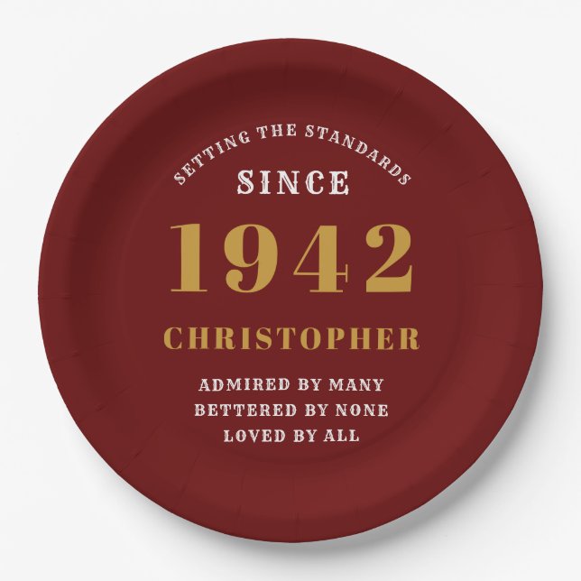 80th Birthday 1942 Red Gold Love Personalised Paper Plate (Front)