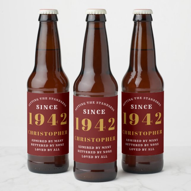 80th Birthday 1942 Red Gold Retro Personalised Beer Bottle Label (Bottles)