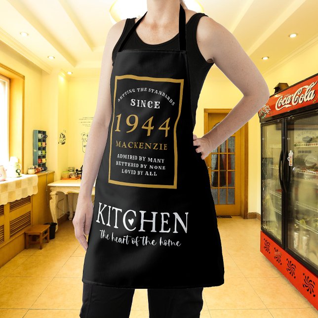 80th Birthday 1944 Name Elegant Black Gold Chic Apron (Elegant Black & Gold Chic Apron - 80th Birthday 1944 Name Personalized Kitchen & BBQ Essentials.)