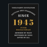 80th Birthday 1945 Black Gold Postcard<br><div class="desc">Elegant Black and Gold 80th Birthday Invitation - Create Your Own Personalised Design. Setting the stage for a remarkable celebration starts with the perfect invitation. Our elegant black and gold 80th birthday invitation is the perfect choice for this milestone event. Bathed in black for a touch of sophistication and adorned...</div>