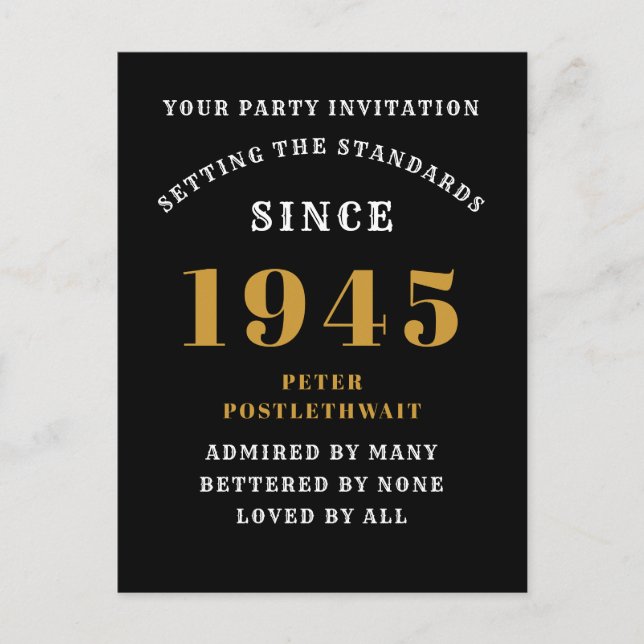 80th Birthday 1945 Black Gold Postcard (Front)