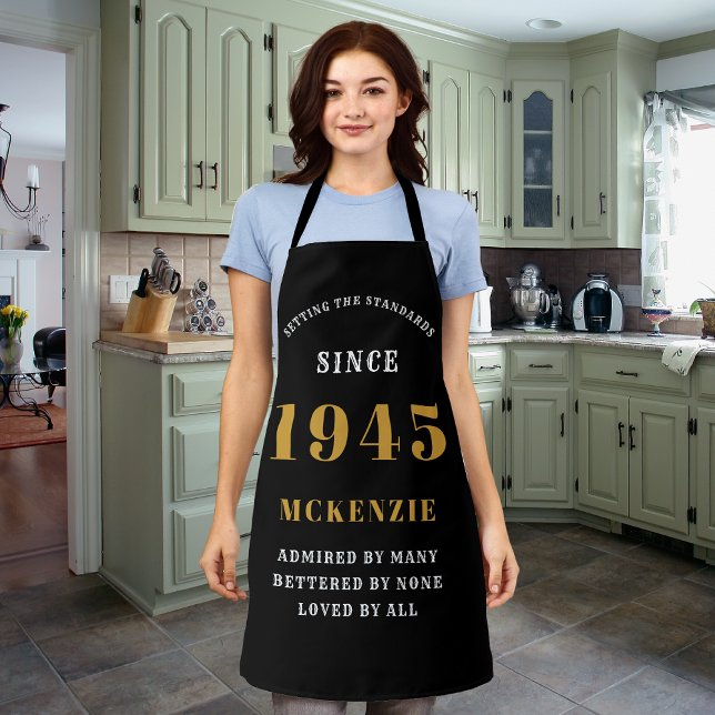 80th Birthday 1945 Name Chic Elegant Black Gold Apron (Personalized 80th Birthday Born 1945 Long black apron.)