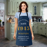 80th Birthday 1945 Name Chic Elegant Blue Gold Apron<br><div class="desc">Elegant Blue & Gold Chic Apron - 80th Birthday 1945 Name Personalised Kitchen & BBQ Essentials. Celebrate a fabulous birthday with style and practicality! This elegant chic apron is the perfect accessory for the culinary enthusiast in your life. Its eye-catching design, enhanced with a touch of gold, adds a charming...</div>