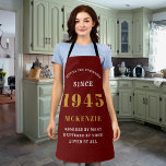 80th Birthday 1945 Name Chic Elegant Red Gold Apron<br><div class="desc">Elegant red & gold chic apron - 80th Birthday 1945 Name Personalised Kitchen & BBQ Essentials. Celebrate a fabulous birthday with style and practicality! This elegant chic apron is the perfect accessory for the culinary enthusiast in your life. Its eye-catching design, enhanced with a touch of class, adds a charming...</div>