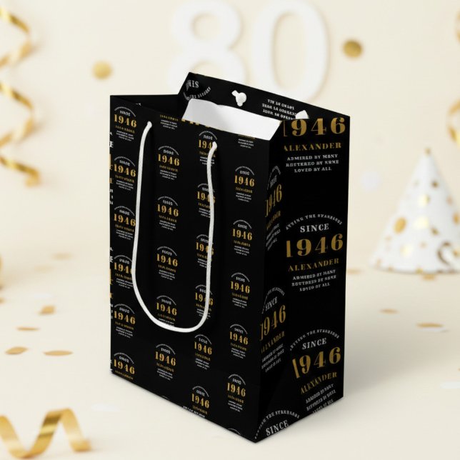 80th Birthday 1946 Black Gold Chic Elegant Medium Gift Bag (Born 1946 birthday gift bag. Background out of focus.)