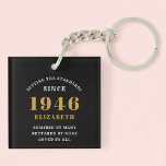 80th Birthday 1946 Black Gold For Her Personalized Key Ring<br><div class="desc">80th birthday born 1946 keychain. A personalized classic design for that birthday celebration for a special woman. Add the name to this vintage retro style , white and gold design for a custom birthday gift. Easily edit the name and year with the template provided. A wonderful custom birthday gift. More...</div>