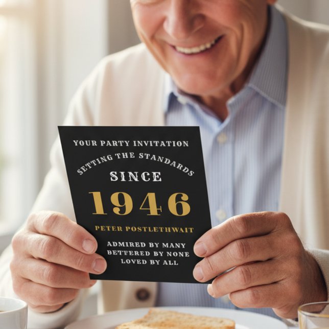 80th Birthday 1946 Black Gold Personalised For Him Invitation (1946 birthday invitation held by an older man.)