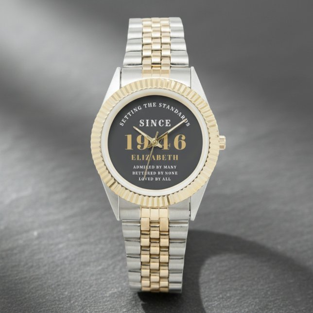 80th Birthday 1946 Elegant Black White Chic Watch (Born 1946 birthday watch. Grey background)