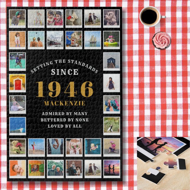 80th Birthday 1946 Family Memories Photo Collage Jigsaw Puzzle (1946 photo collage jigsaw puzzle. Background red and white check tablecloth.)