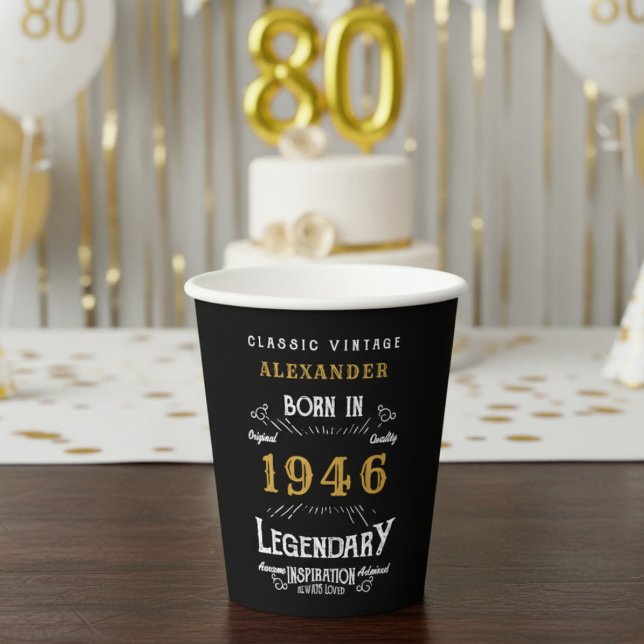 80th Birthday 1946 Legendary Retro Paper Cups (1946 birthday black paper cup on a table.)