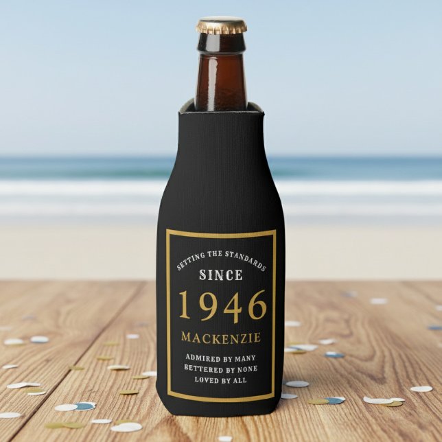 80th Birthday 1946 Name Elegant Chic Black Gold Bottle Cooler (Born 1946 bottle cooler. Beach background.)