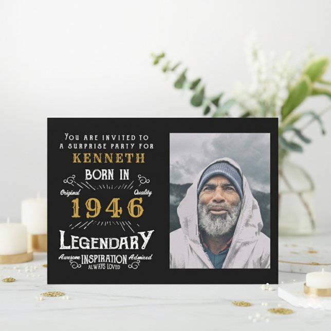 80th Birthday 1946 Vintage Black Gold Personalized Invitation (1946 birthday invitation. White background with flowers.)