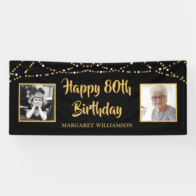 80th Birthday 2 Photo Black Gold Lights Banner (Horizontal)