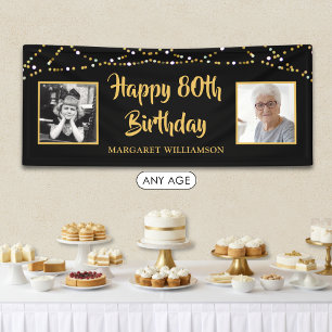 80th Birthday 2 Photo Black Gold Lights Banner