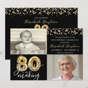 80th Birthday 2 Photos Black Gold Balloons Script Invitation