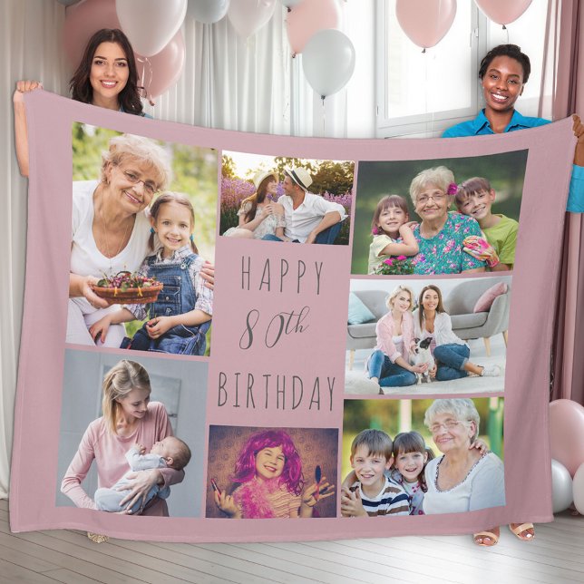 80th Birthday 7 Photo Collage Pink Fleece Blanket (Creator Uploaded)