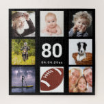 80th birthday 80 photo collage guy man black jigsaw puzzle<br><div class="desc">A gift for a man's 80th birthday,  celebrating his life with a collage of 8 of your photos.  Templates for age 80 and a date.  Date of birth or the date of the anniversary.  White colored letters.  Black background.</div>