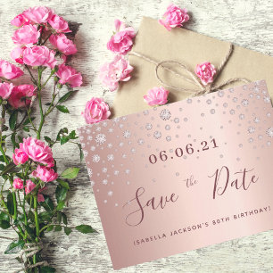80th birthday 80 rose gold diamonds save the date postcard