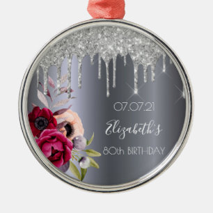 80th birthday 80 silver glitter drips burgundy metal tree decoration