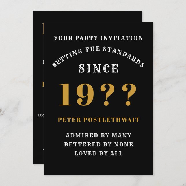 80th Birthday Add Name Year Black Gold For Him Invitation (Front/Back)
