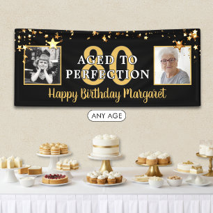 80th Birthday AGED TO PERFECTION Black Gold Stars Banner