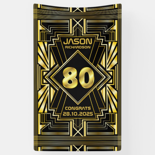 80th Birthday Art Deco Gold Black Great Gatsby Banner (Vertical)