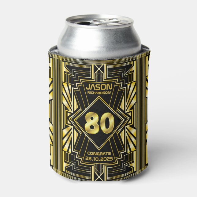 80th Birthday Art Deco Gold Black Great Gatsby Can Cooler (Can Front)