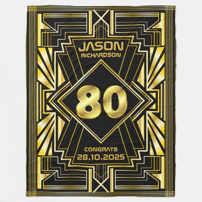80th Birthday Art Deco Gold Black Great Gatsby Fleece Blanket (Front)