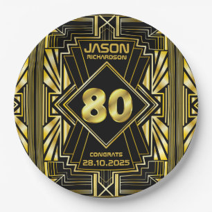 80th Birthday Art Deco Gold Black Great Gatsby Paper Plate