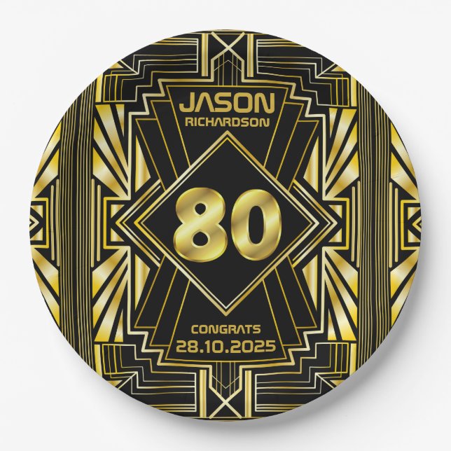 80th Birthday Art Deco Gold Black Great Gatsby Paper Plate (Front)