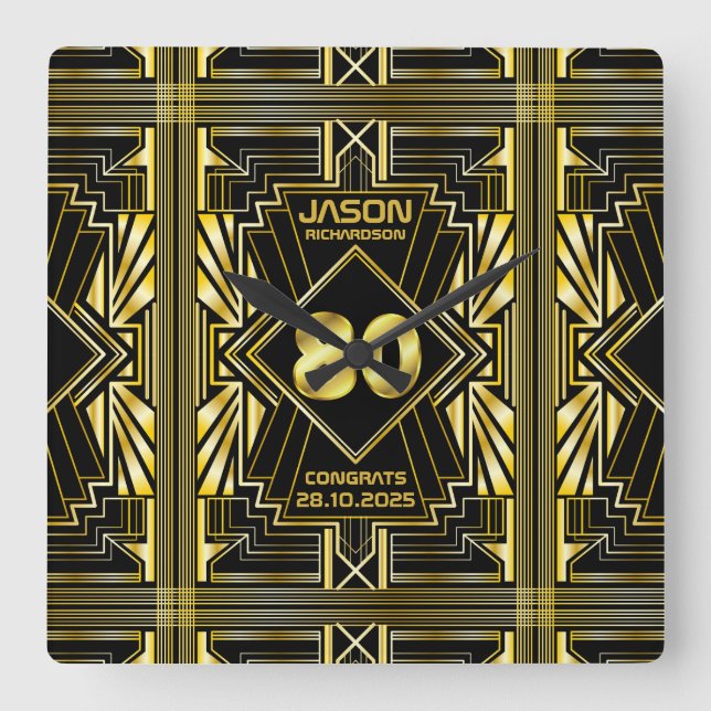 80th Birthday Art Deco Gold Black Great Gatsby Square Wall Clock (Front)