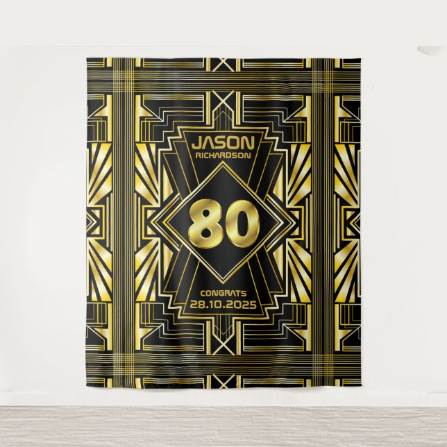 80th Birthday Art Deco Gold Black Great Gatsby Tapestry (Front)