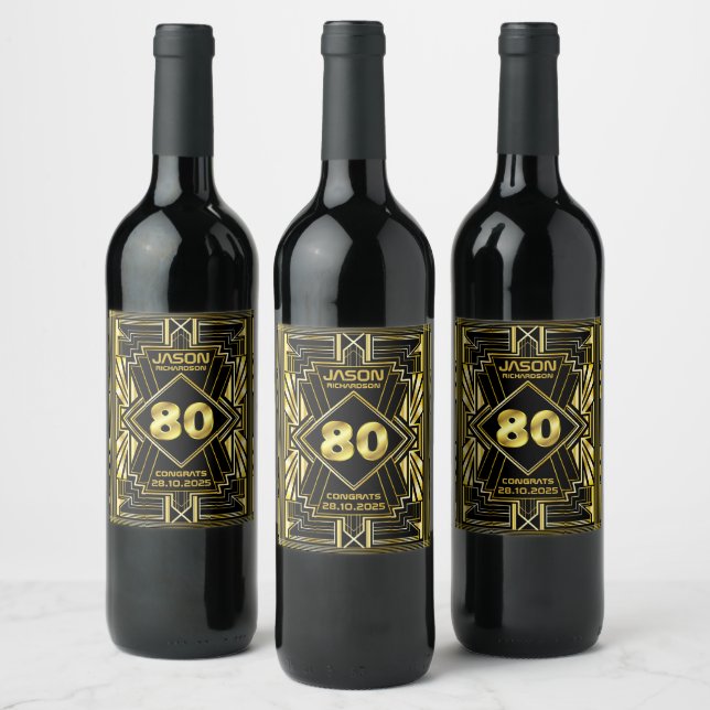 80th Birthday Art Deco Gold Black Great Gatsby Wine Label (Bottles)