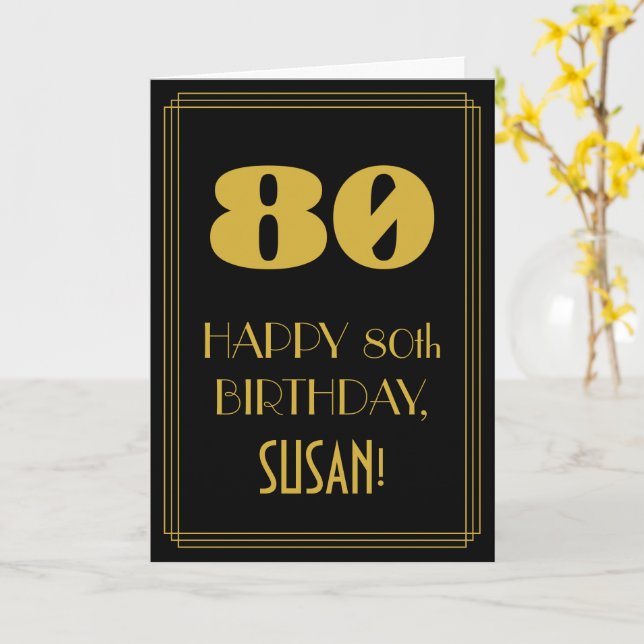 80th Birthday – Art Deco Inspired Look "80" & Name Card (Yellow Flower)