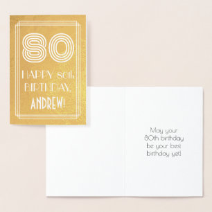 80th Birthday – Art Deco Inspired Look "80" + Name Foil Card