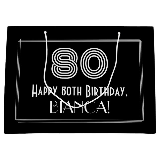 80th Birthday — Art Deco Inspired Look "80" & Name Large Gift Bag (Front)