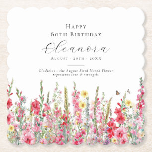 80th Birthday August Birth Flower Custom Paper Coaster