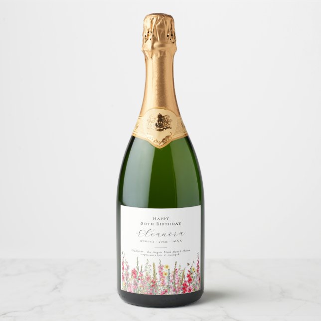80th Birthday August Birth Flower Party Supplies  Sparkling Wine Label (Front)